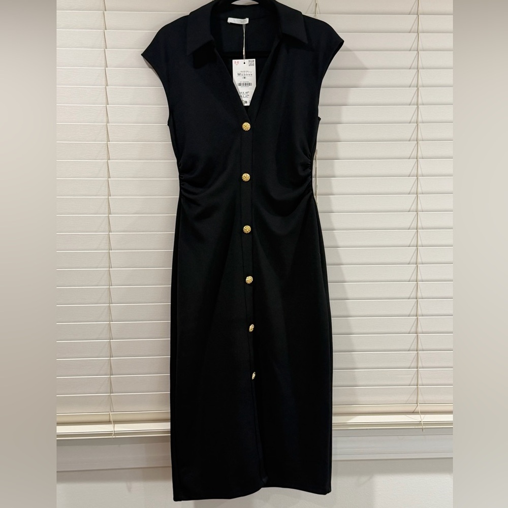 Zara Black Midi Dress with Gold Buttons - Picture 3 of 5